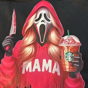 Ghost Face Mama Drinking Coffee Halloween Black T Blonde Women’s M Gildan